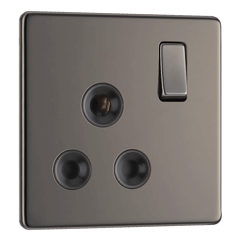 BG Nexus Flatplate Screwless Black Nickel 1 Gang 15A Round Pin Switched Socket Black Insert - FBN99B, Image 1 of 3