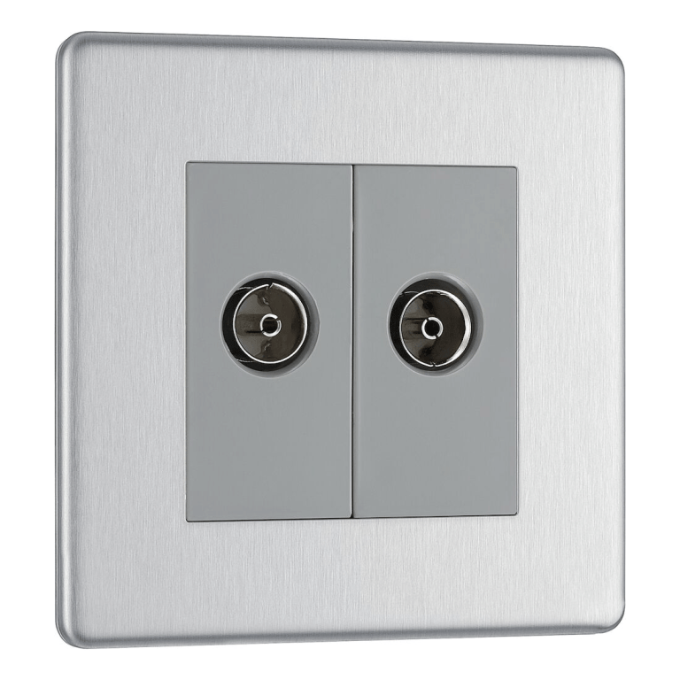 BG Screwless Flatplate Brushed Steel Double Socket For Tv Or Fm Co-Axial Aerial Connection - FBS61, Image 1 of 3