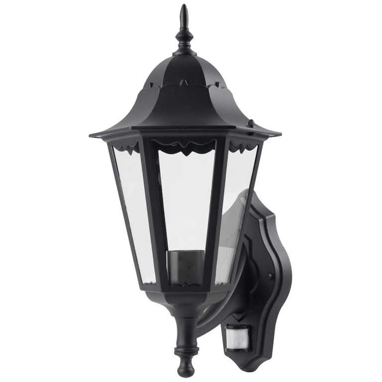 Luceco Coach 6 Panel Extended Outreach Outdoor E27/GLS Wall Lantern with PIR - Black - LEXDCL6PBL, Image 1 of 1