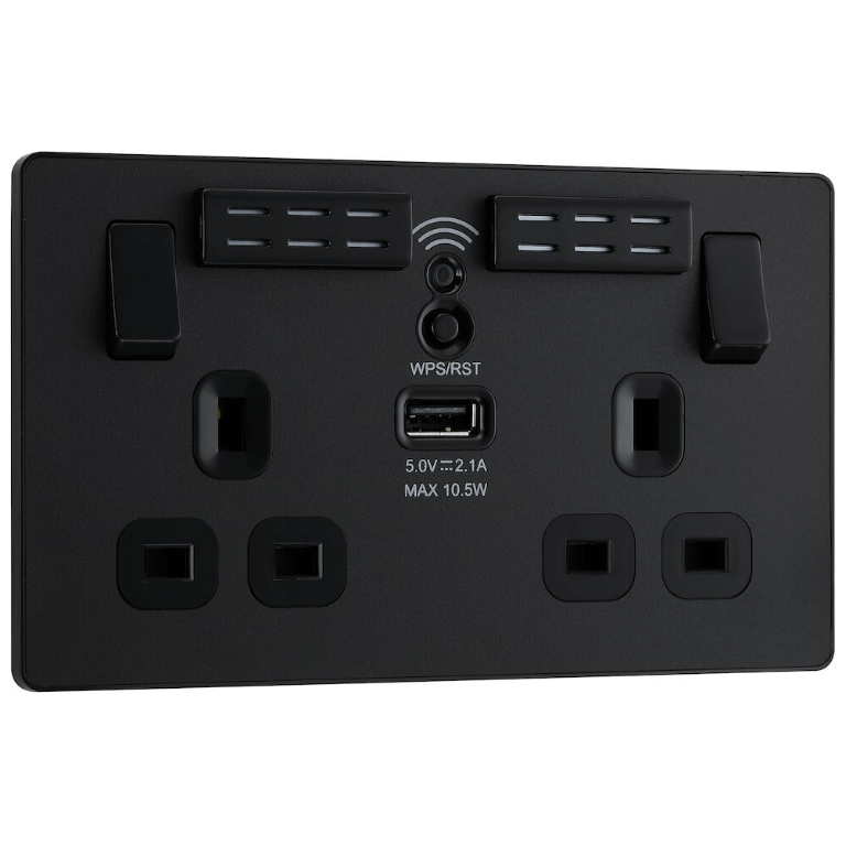 BG Evolve Matt Black Wifi Extender Double Switched 13A Power Socket + 1 X USB (2.1A) - PCDMB22UWRB, Image 1 of 3