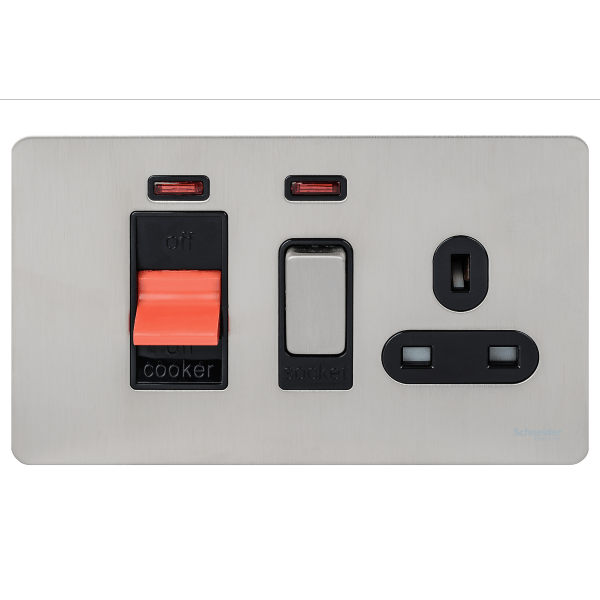 Schneider USFP 45A Cooker Switch with 13A Socket & Neon Black Insert - Stainless Steel - GU4401BSS, Image 1 of 1