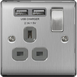 BG Nexus Metal Brushed Steel Single Switched 13A Power Socket With Usb Charging - 2X Usb Sockets (2.1A) - Grey Insert - NBS21U2G