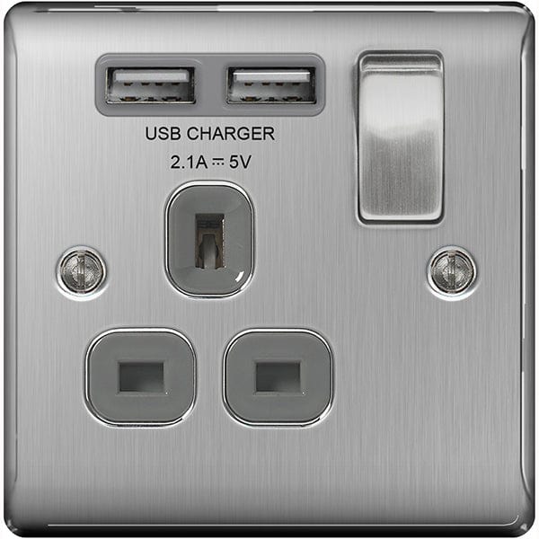 BG Nexus Metal Brushed Steel Single Switched 13A Power Socket With Usb Charging - 2X Usb Sockets (2.1A) - Grey Insert - NBS21U2G, Image 1 of 1
