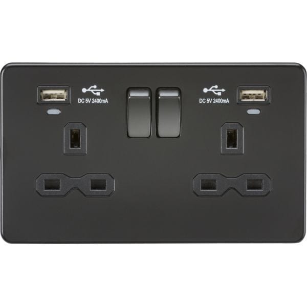 Knightsbridge 13A 2G Switched Socket, Dual USB (2.4A) with LED Charge Indicators - Matt Black - SFR9904NMBB, Image 1 of 1