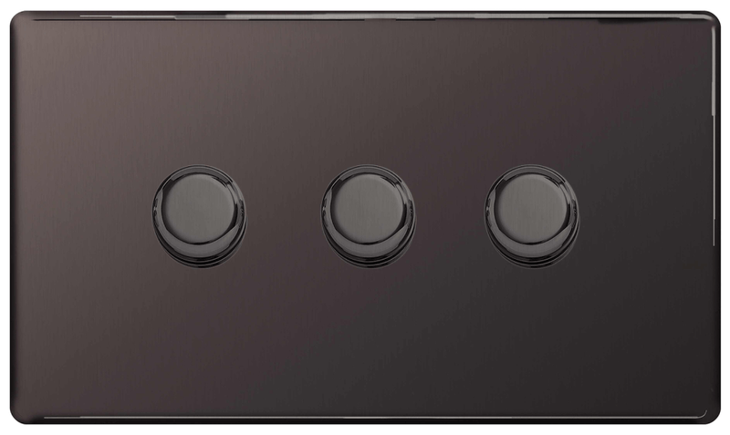BG Nexus Flatplate Screwless Black Nickel 3 Gang 2 Way Intelligent Leading Edge Dimmer Switch Push On/Off  - FBN83P, Image 1 of 1
