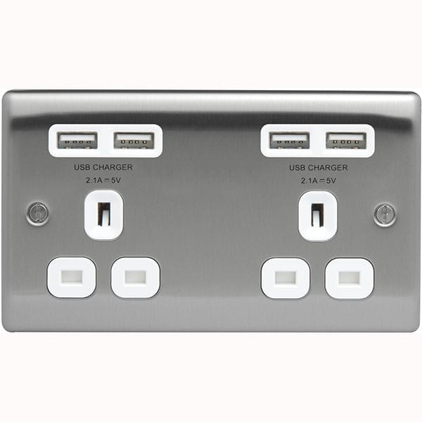 BG Nexus Metal Brushed Steel 2 Gang Plug Socket with 4 x USB Outlets Outlet White Insert 13A - NBS24U44W, Image 1 of 1