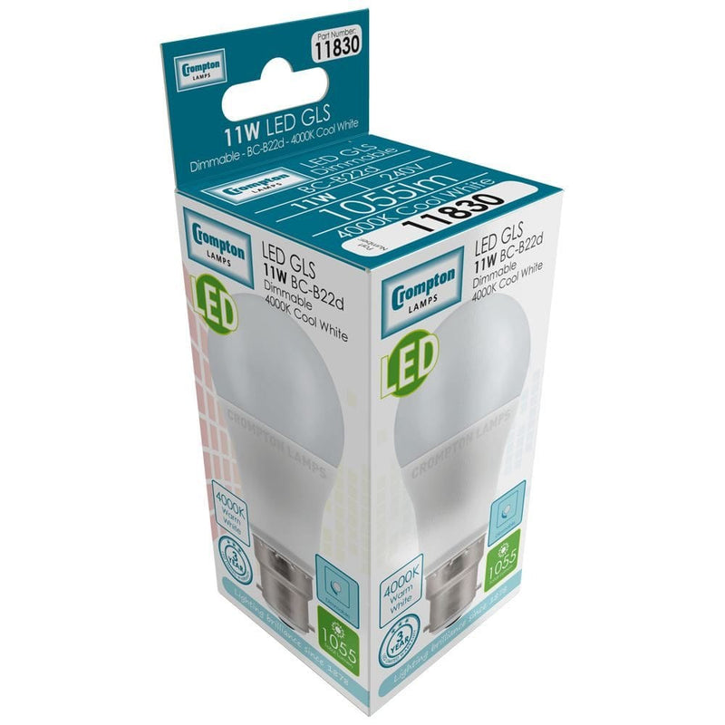 Crompton LED GLS Thermal Plastic 11W Dimmable 4000K BC-B22d - CROM11830, Image 2 of 2