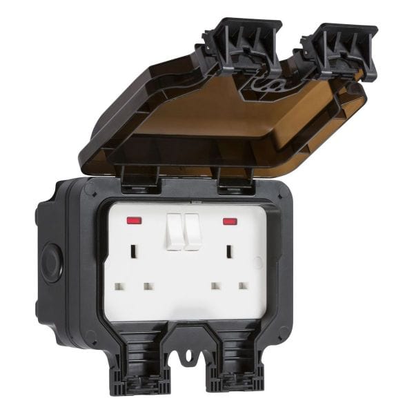 Knightsbridge IP66 13A 2G DP switched socket with neons - Black - OP9N, Image 1 of 1