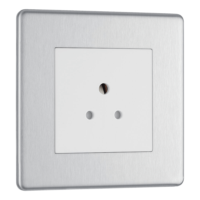 BG Nexus Flatplate Screwless Brushed Steel 2A 1 Gang Unswitched Round-Pin Socket - White Insert FBS28W, Image 1 of 3