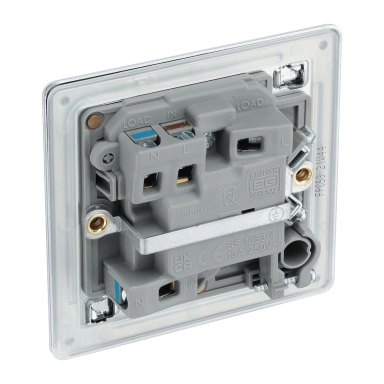 BG Screwless Flatplate Polished Chrome Switched 13A Fused Connection Unit, With Power Indicator And Cable Outlet - FPC53, Image 3 of 3