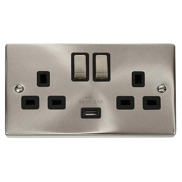 Click Scolmore Deco Satin Chrome 1 Gang USB Outlet Switch 13A With Black Ingot - VPSC570BK