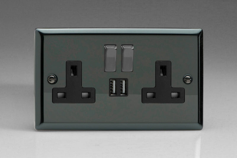 Varilight 2-Gang 13A Single Pole Switched Socket with Metal Rockers with 2x5V DC 2100mA USB Charging Ports - XI5U2SDB, Image 1 of 1