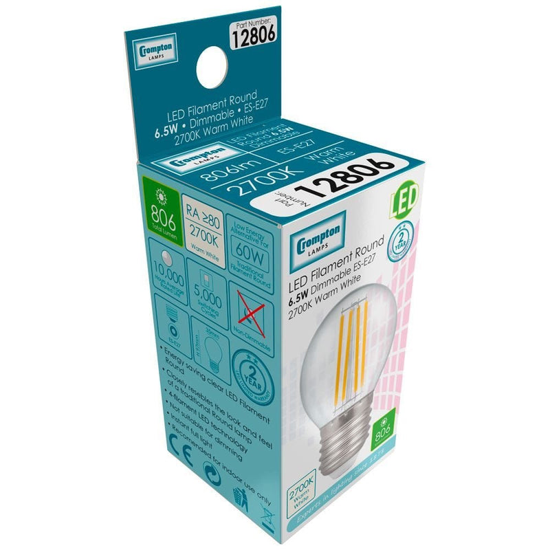 Crompton LED Round Filament Clear 6.5W 2700K ES-E27 - CROM12806, Image 2 of 2