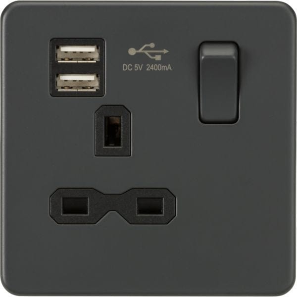 Knightsbridge Screwless 13A 1G switched socket with dual USB charger (2.4A) - Anthracite - SFR9124AT, Image 1 of 1