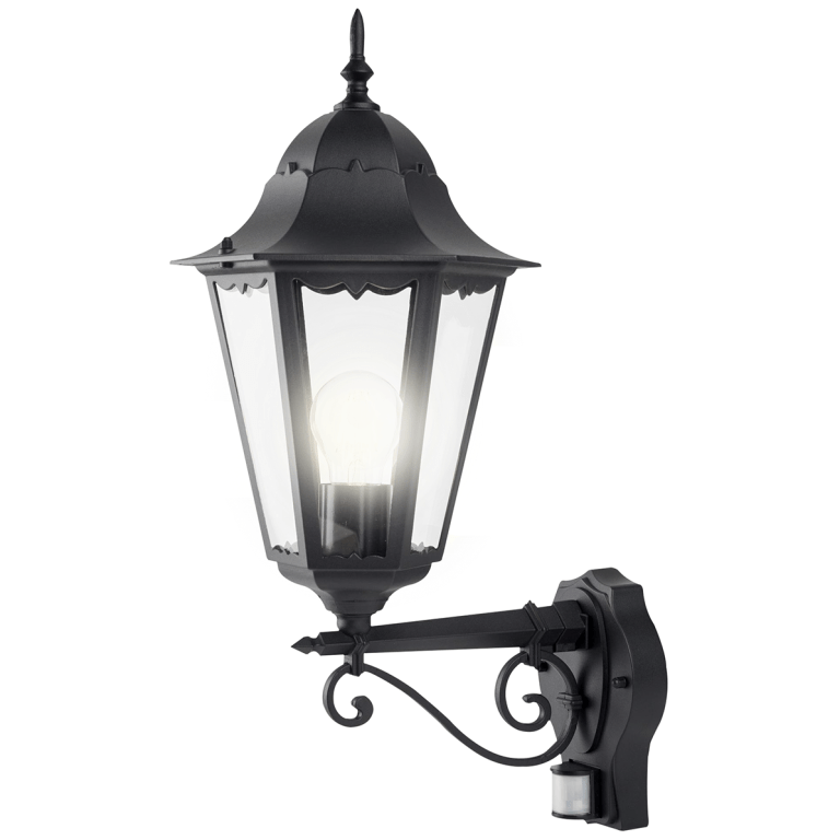 Luceco Coach 6 Panel Decorative Extended Outreach Outdoor E27/GLS Wall Lantern With PIR - Black - LEXDCL6PBLD, Image 1 of 1